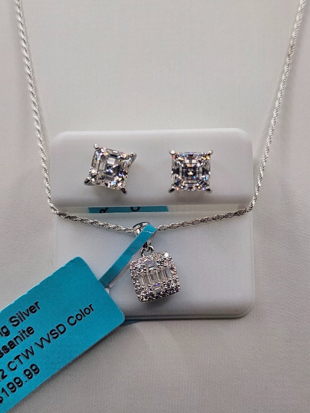 925 Sterling Silver Moissanite 20" Necklace & 4ctw Earrings Set